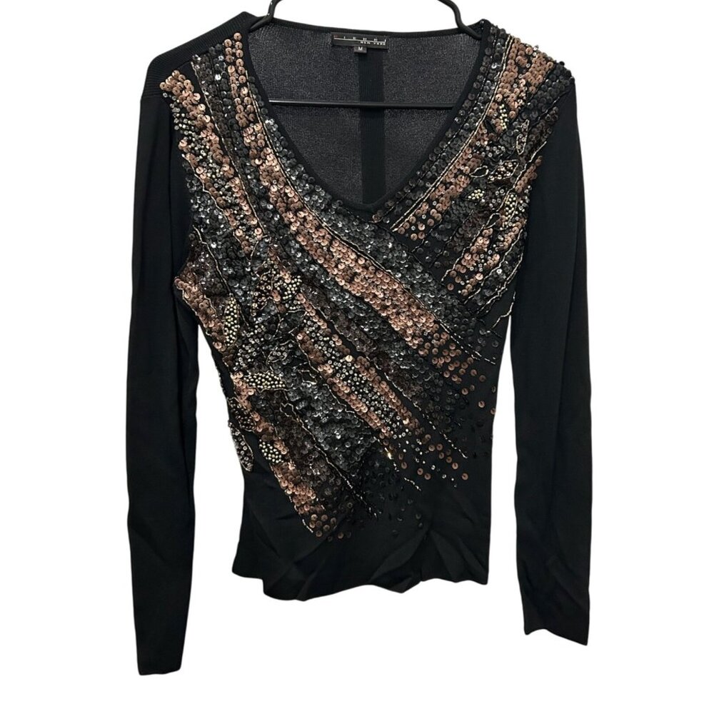 Pierri New York Medium Sequin Embellished V-Neck Long Sleeve Black Blouse
